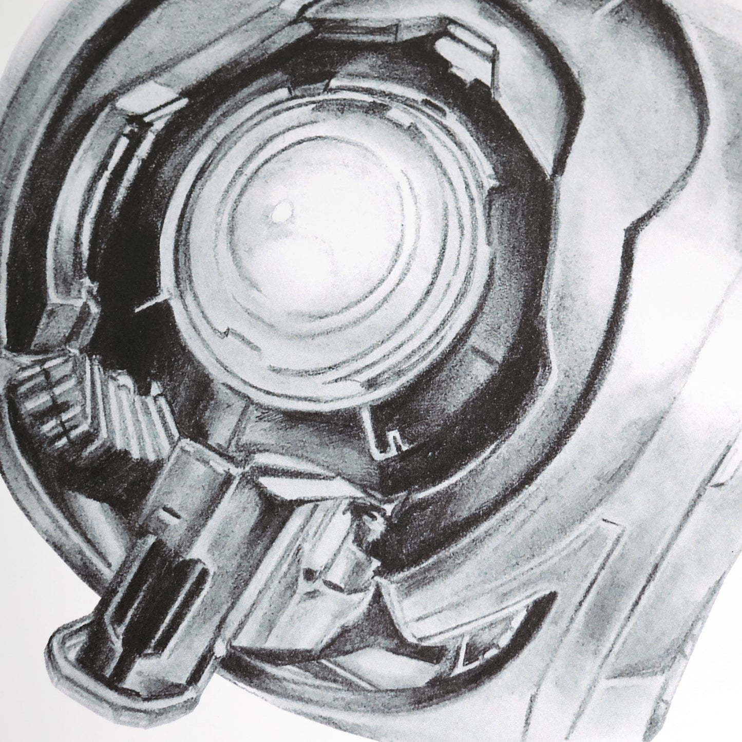 Close-up of a hand‑drawn Halo art print of 343 Guilty Spark, featuring the Monitor’s glowing eye and Forerunner design. A4 matte fan art poster for Halo collectors.