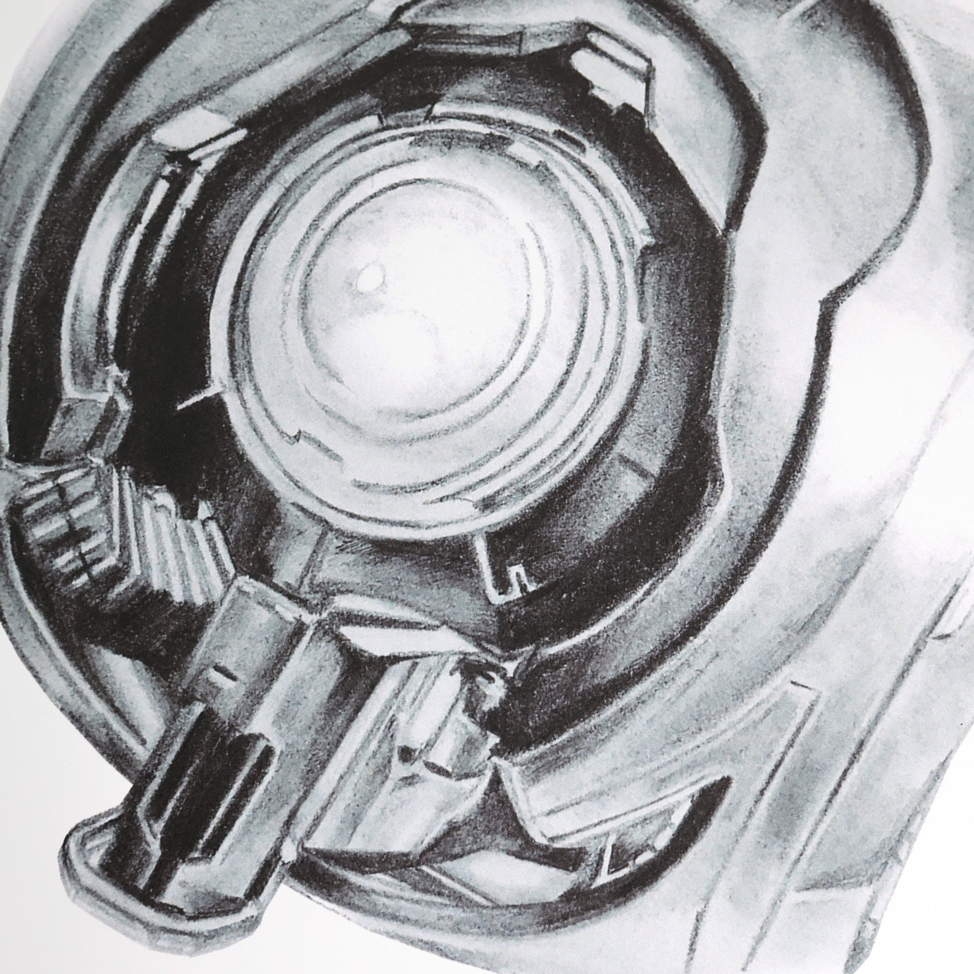 Close-up of a hand‑drawn Halo art print of 343 Guilty Spark, featuring the Monitor’s glowing eye and Forerunner design. A4 matte fan art poster for Halo collectors.