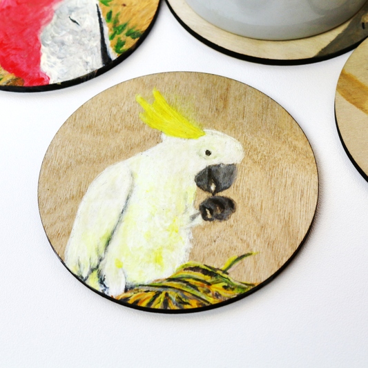 Nature Themed Hand Painted Wooden Coaster - Cockatoo