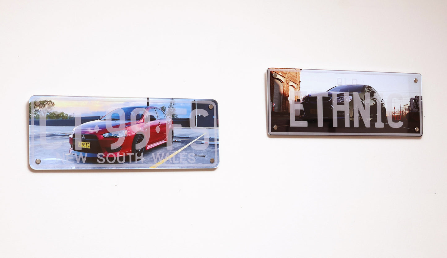 2x custom car number plate displayed on wall, personalized automotive artwork, novelty sign for car enthusiasts