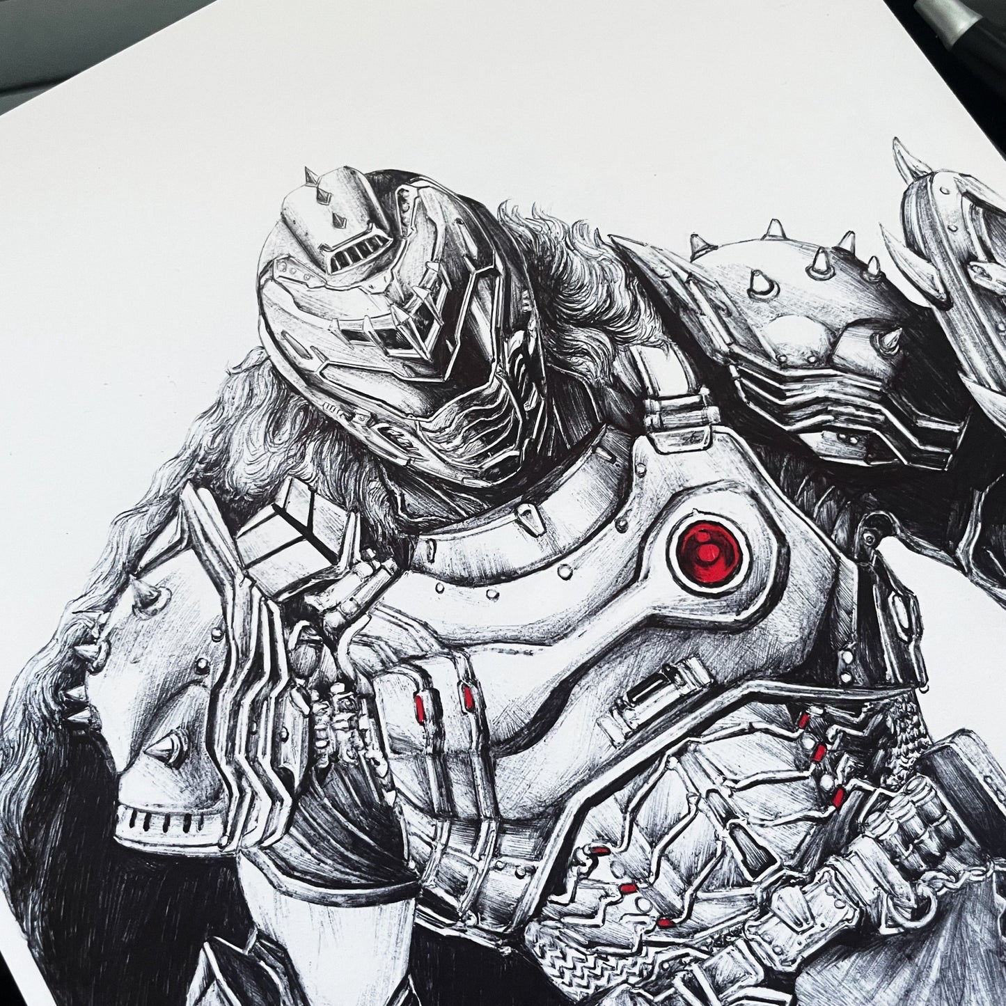 Closeup on the head of DOOM fan art print portraying Doom Slayer.