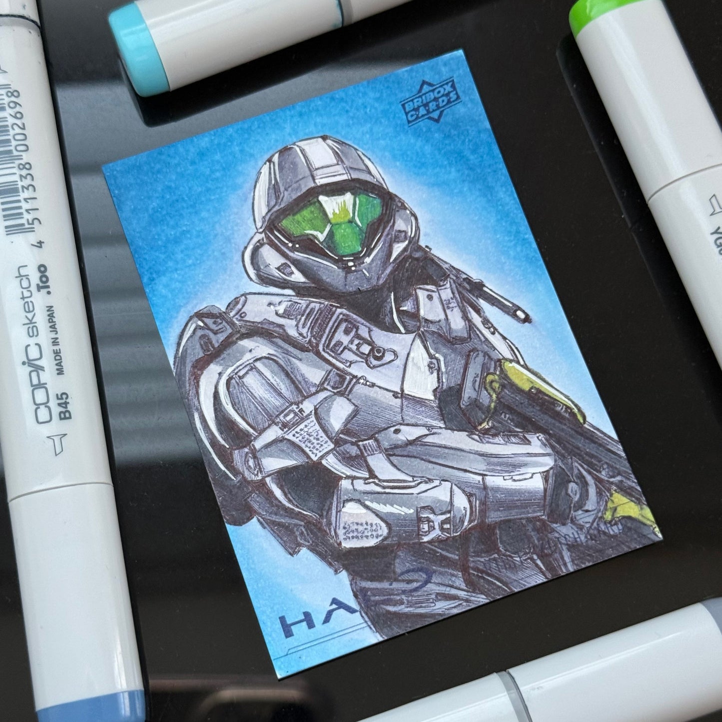 Unique Halo sketch card showcasing Entransing’s original Edward Buck illustration.