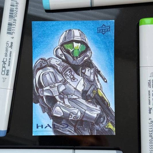 Hand‑drawn Halo 5 Edward Buck Spartan‑IV sketch card on in‑house Community Card stock.