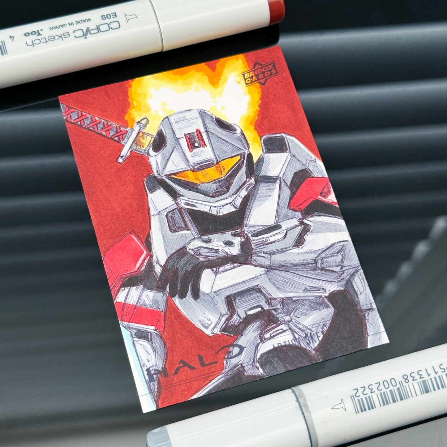 Hand‑drawn Halo 3 Flaming Recon sketch card featuring stealth‑armoured Spartan helmet art.