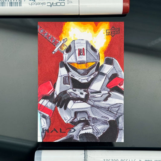 Halo Flaming Recon sketch card — hand‑illustrated Spartan recon armour collectible.