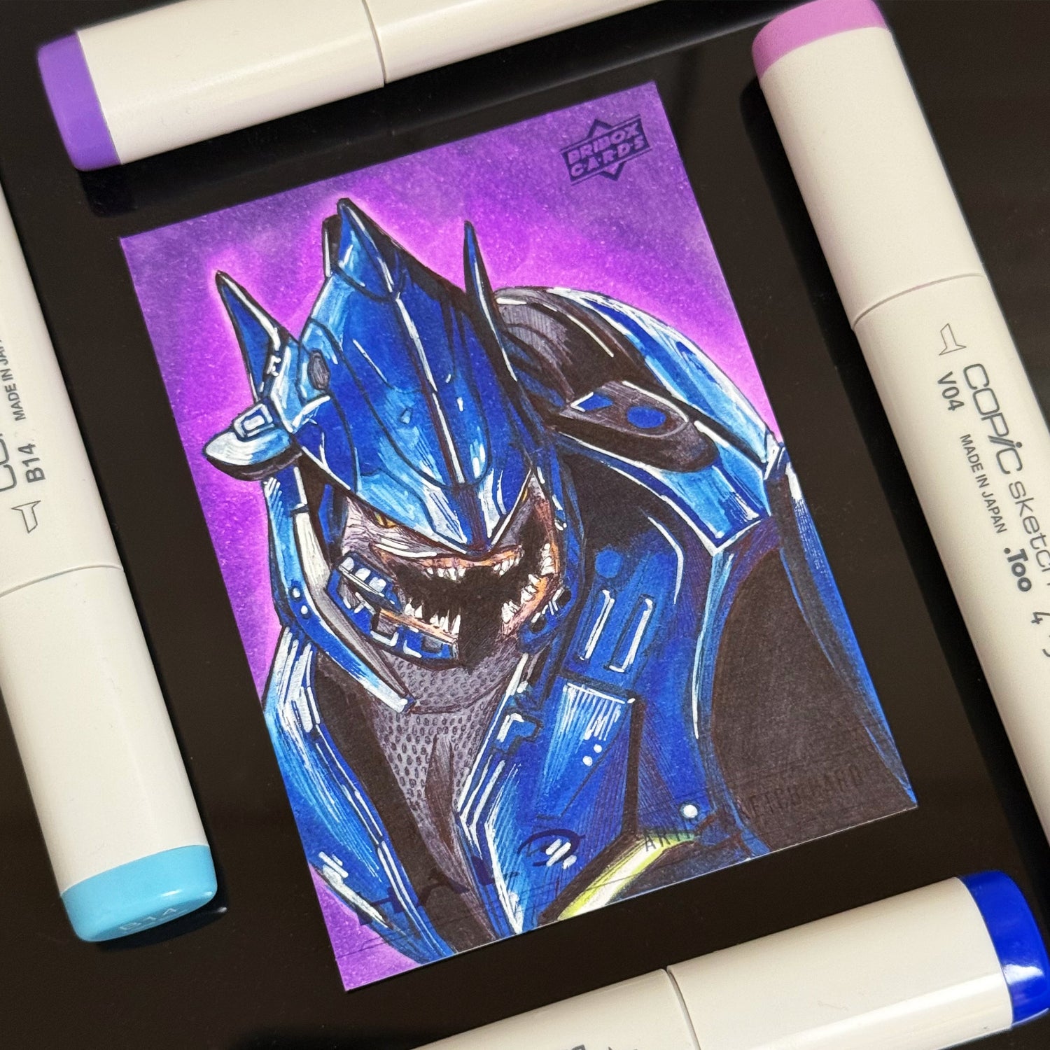 One‑of‑a‑kind Halo 3 Blue Elite sketch card by Entransing on premium Community Card stock.