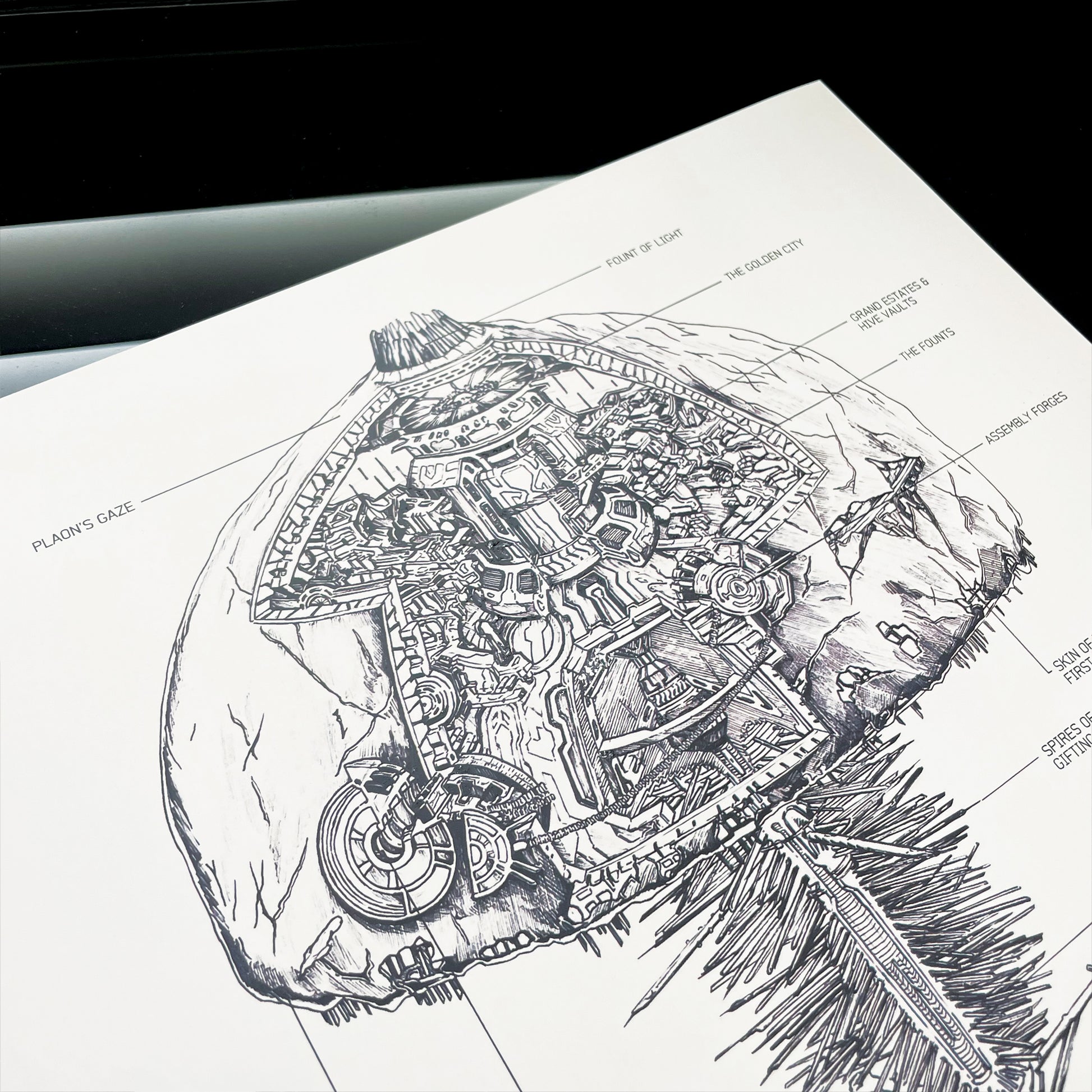 Closeup on top right detailed of Halo art print, High Charity Ship Diagram.