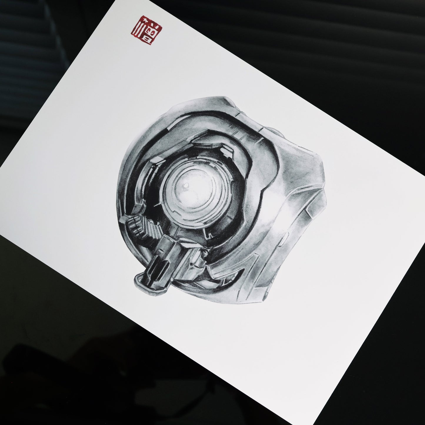 Hand‑drawn Halo art print of 343 Guilty Spark, featuring the Monitor’s glowing eye and Forerunner design. A4 matte fan art poster for Halo collectors.