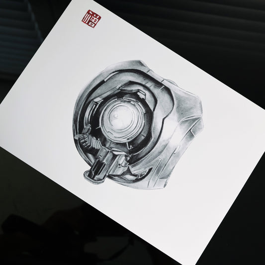 Hand‑drawn Halo art print of 343 Guilty Spark, featuring the Monitor’s glowing eye and Forerunner design. A4 matte fan art poster for Halo collectors.