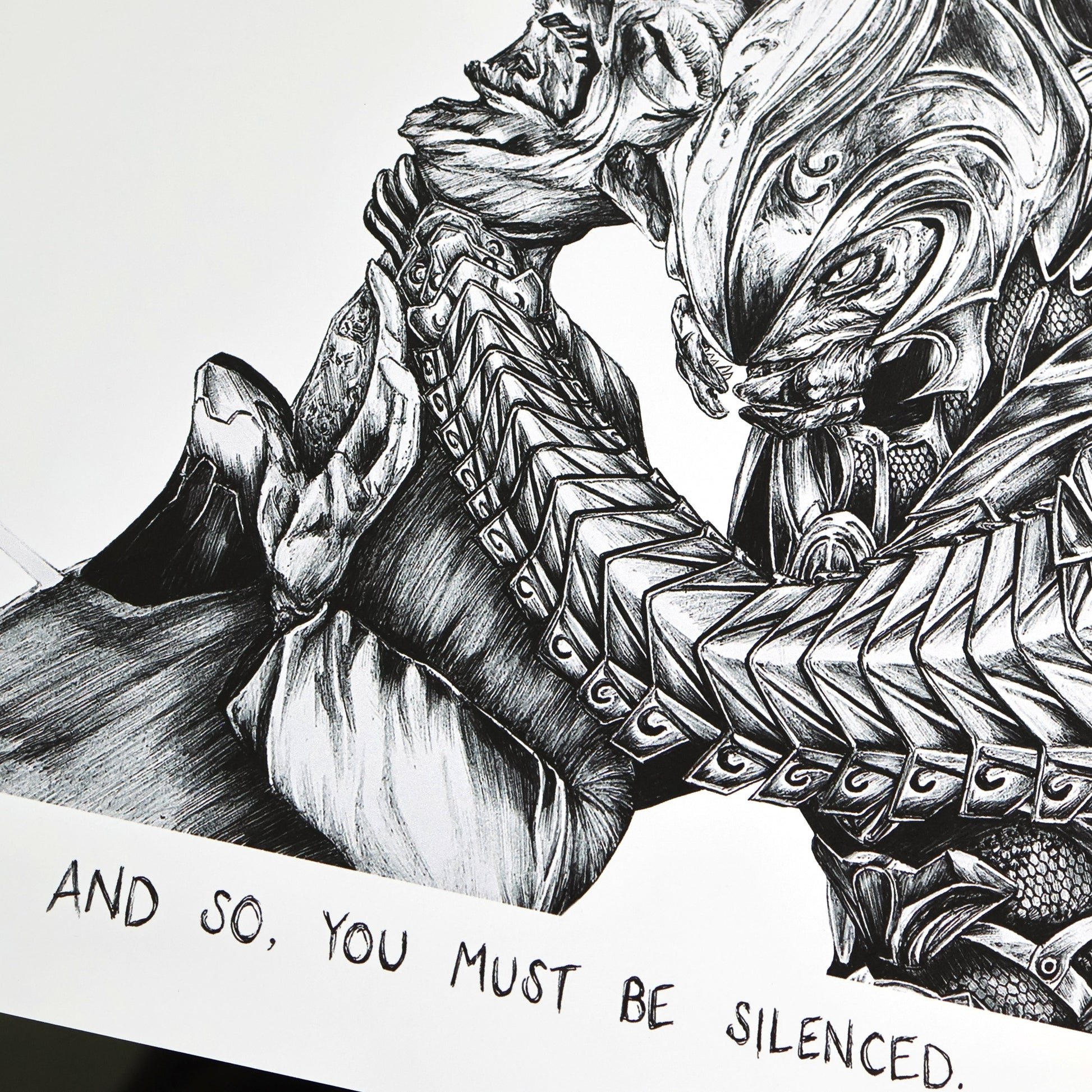 Closeup of hand‑drawn Halo art print, the Arbiter’s iconic “You Must Be Silenced” scene from Halo 3. 