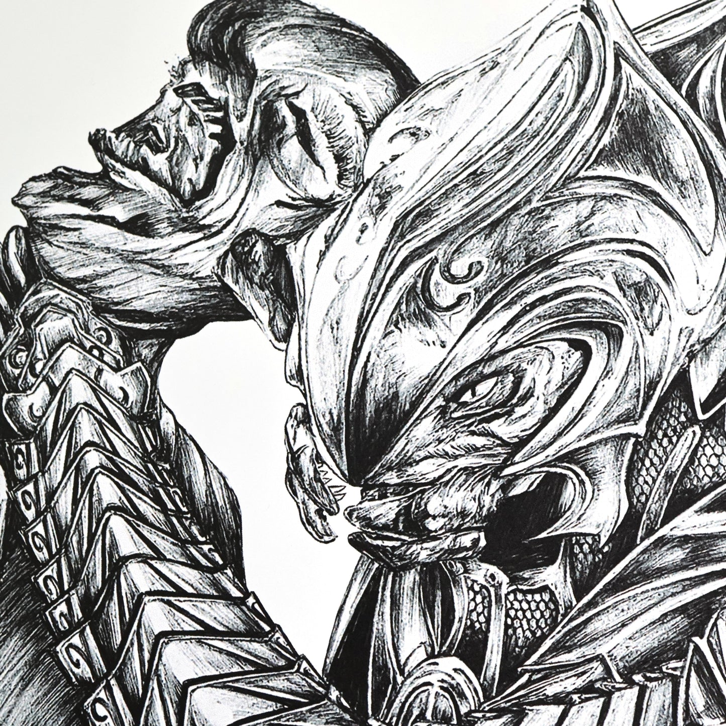Closeup of hand‑drawn Halo art print of the Arbiter’s iconic “Silenced” Prophet of Truth scene from Halo 3.