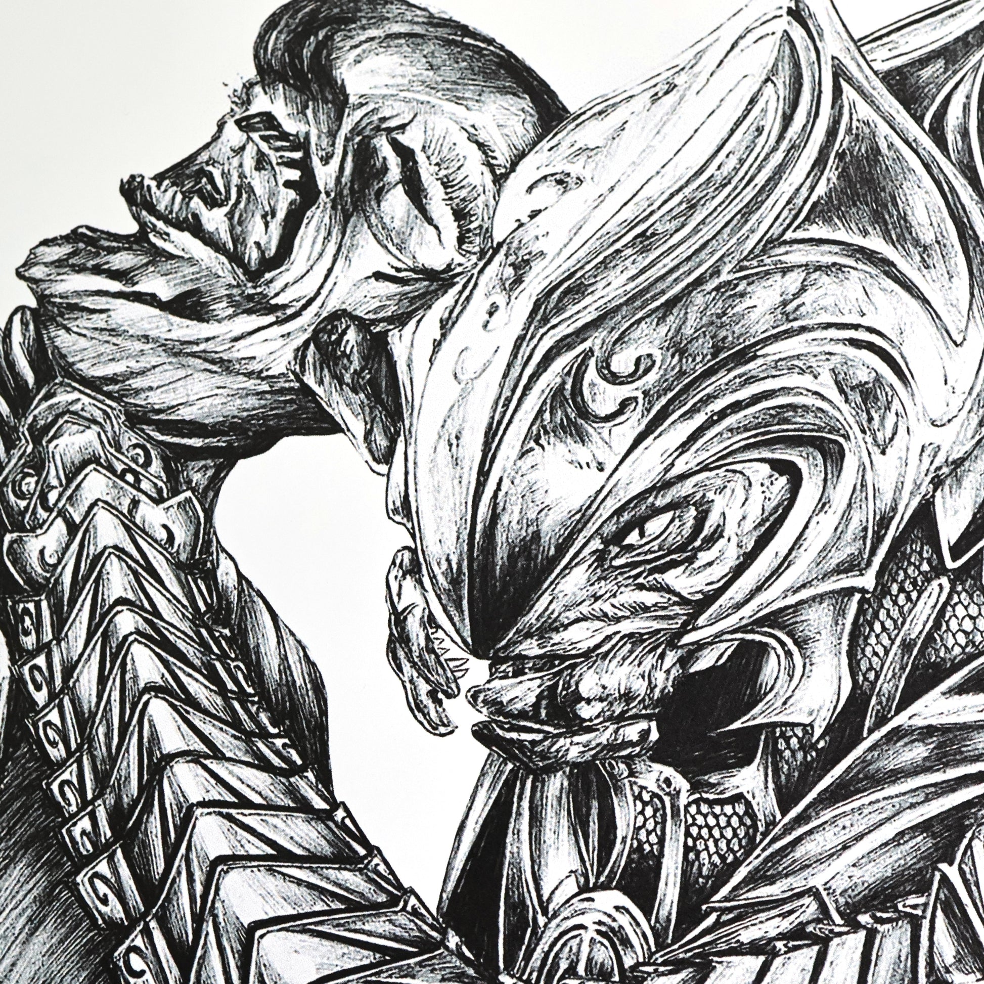 Closeup of hand‑drawn Halo art print of the Arbiter’s iconic “Silenced” Prophet of Truth scene from Halo 3.