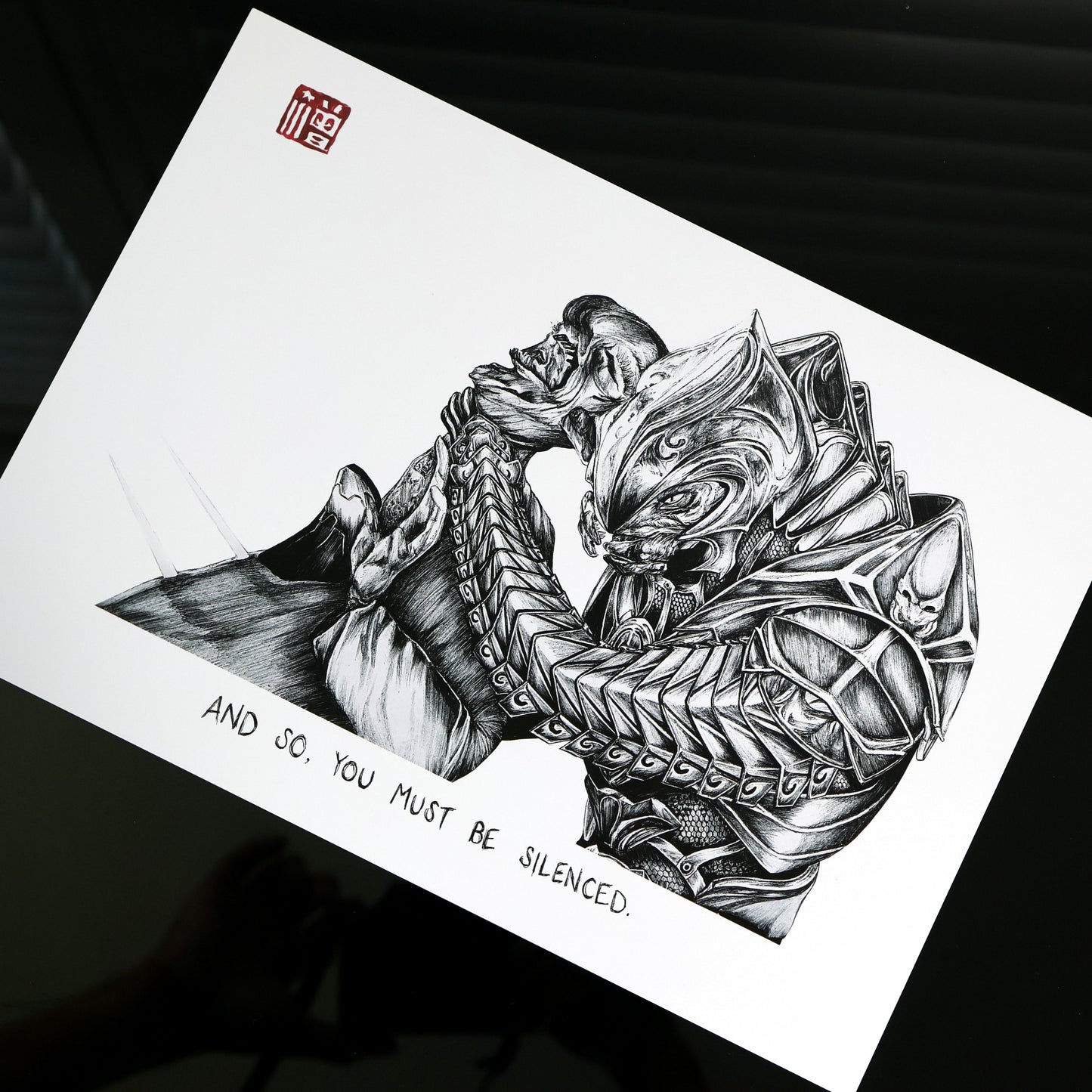 Hand‑drawn Halo art print of the Arbiter’s iconic “You Must Be Silenced” scene from Halo 3. Premium A4 matte print.