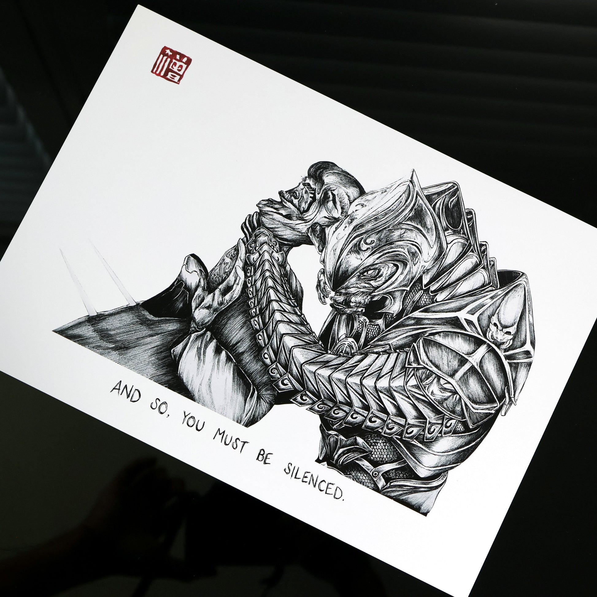 Hand‑drawn Halo art print of the Arbiter’s iconic “You Must Be Silenced” scene from Halo 3. Premium A4 matte print.