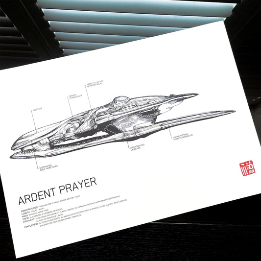 Halo fan art of Covenant Ship Diagrams, featuring the Ardent Prayer. This art print/poster features intricate blueprint-style illustrations and detailed annotations.
