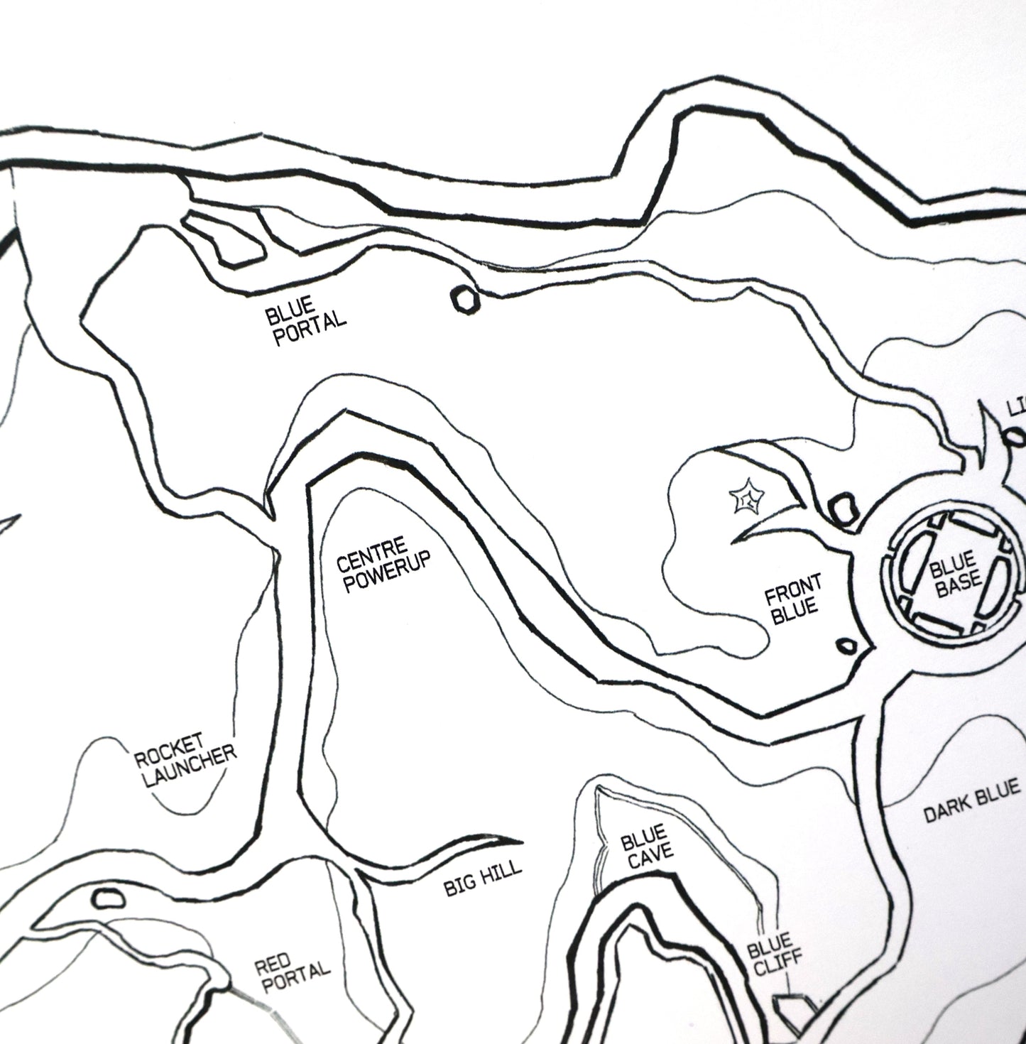 Closeup of hand‑drawn Halo Blood Gulch blueprint map diagram print.