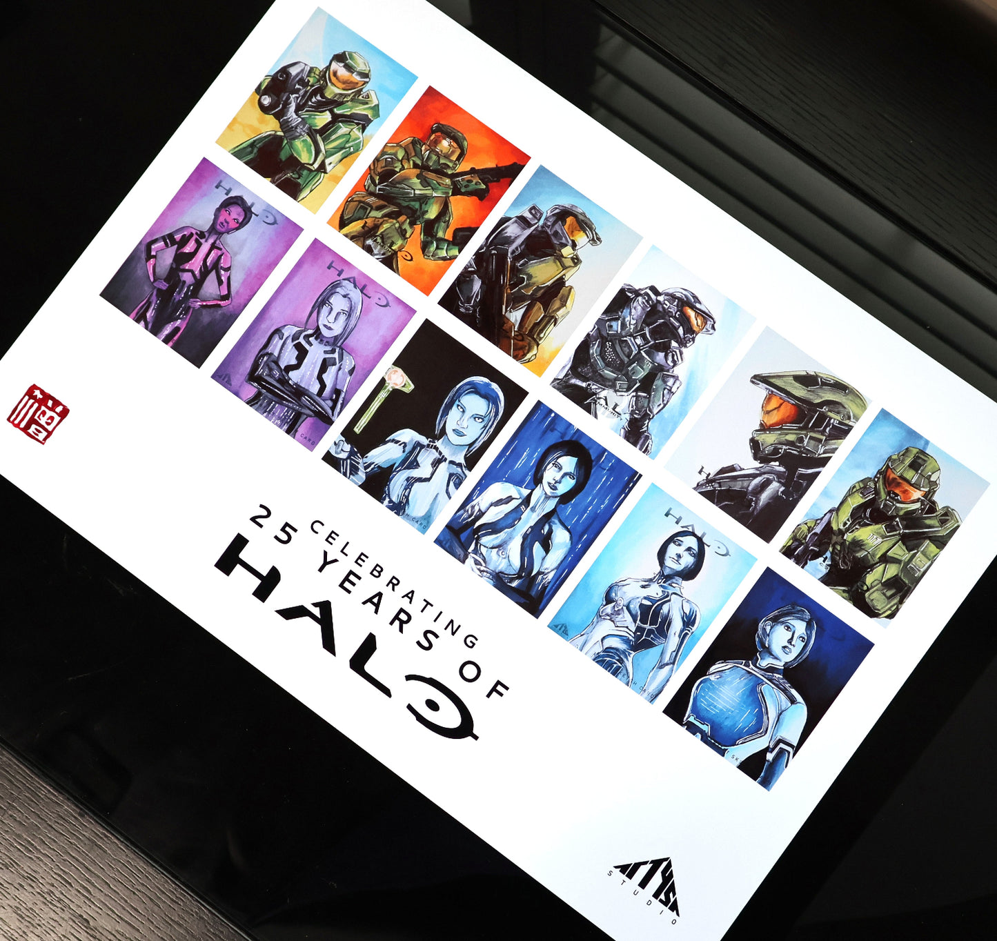 Halo-themed collectible cards poster celebrating 25 years of the Halo franchise.