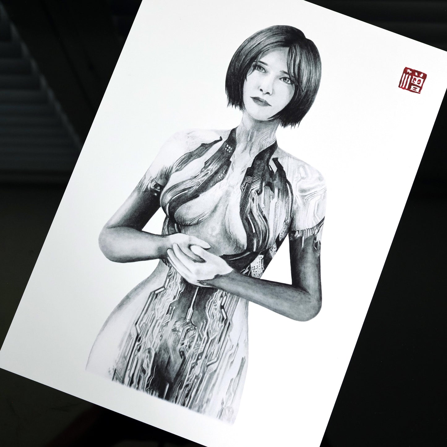 Hand‑drawn Halo art print of Cortana, featuring a peaceful portrait inspired by her bond with Master Chief. A4 matte fan art poster.