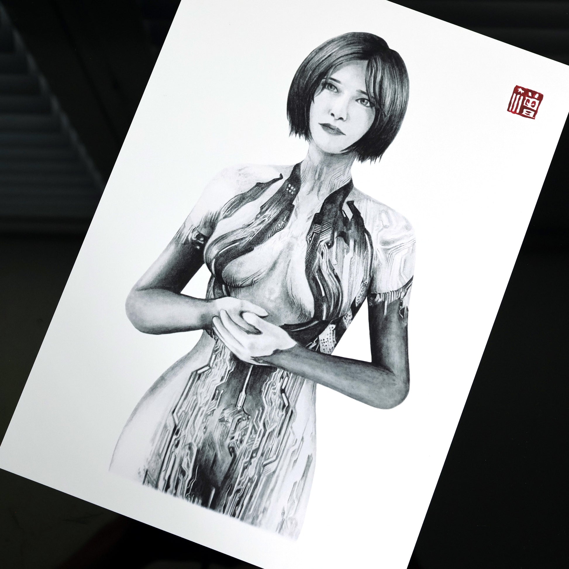 Hand‑drawn Halo art print of Cortana, featuring a peaceful portrait inspired by her bond with Master Chief. A4 matte fan art poster.