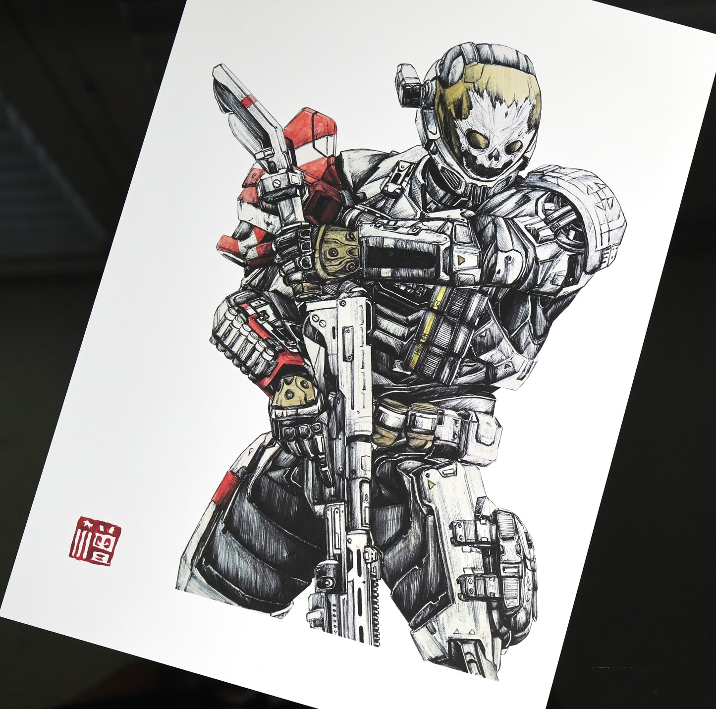 Hand‑drawn Halo art print of Emile‑A239, featuring his skull‑etched EVA helmet and fierce warrior stance. A4 matte fan art poster for Halo collectors.