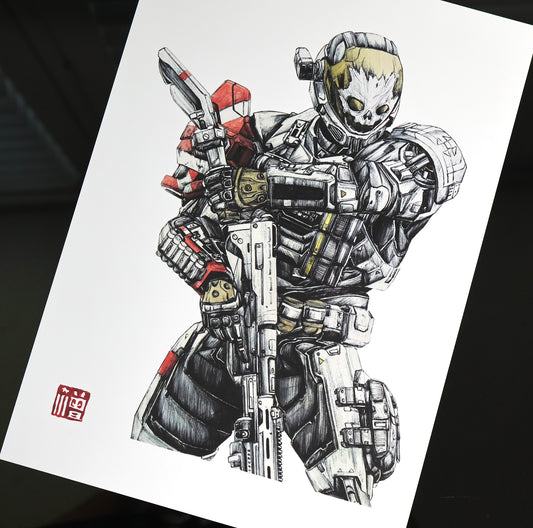 Hand‑drawn Halo art print of Emile‑A239, featuring his skull‑etched EVA helmet and fierce warrior stance. A4 matte fan art poster for Halo collectors.