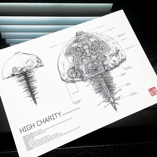 Diagrammatical Halo fan art of Covenant's Holy City, High Charity ship diagram poster, featuring detailed blueprint-style illustrations and detailed annotations.