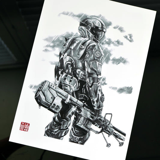 Hand‑drawn Halo art print of an ODST trooper in a somber, reflective pose, capturing the bravery and legacy of the ODSTs. A4 matte fan art print for collectors.