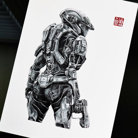 Hand‑drawn Halo Reach art print of Kat‑B320 in a reflective, tactical pose, highlighting her distinctive Spartan armour. A4 matte fan art poster for Halo collectors.