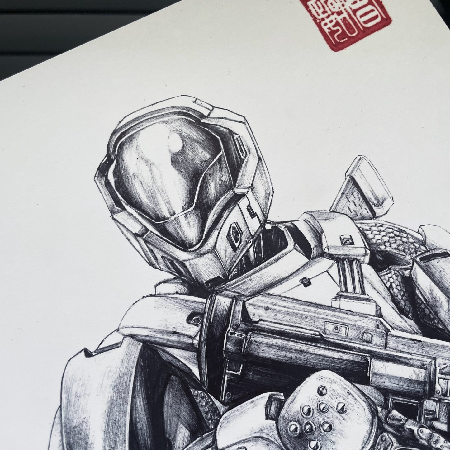 Closeup on head of Kurt Ambrose, or SPARTAN-051 portrait art print/poster, powerfully captures the former leader of Green Team, decked out in his iconic SPI armor.