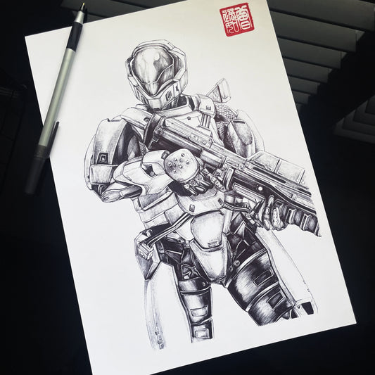 Portrait art print/poster of Kurt Ambrose, or SPARTAN-051, powerfully captures the former leader of Green Team, decked out in his iconic SPI armor.