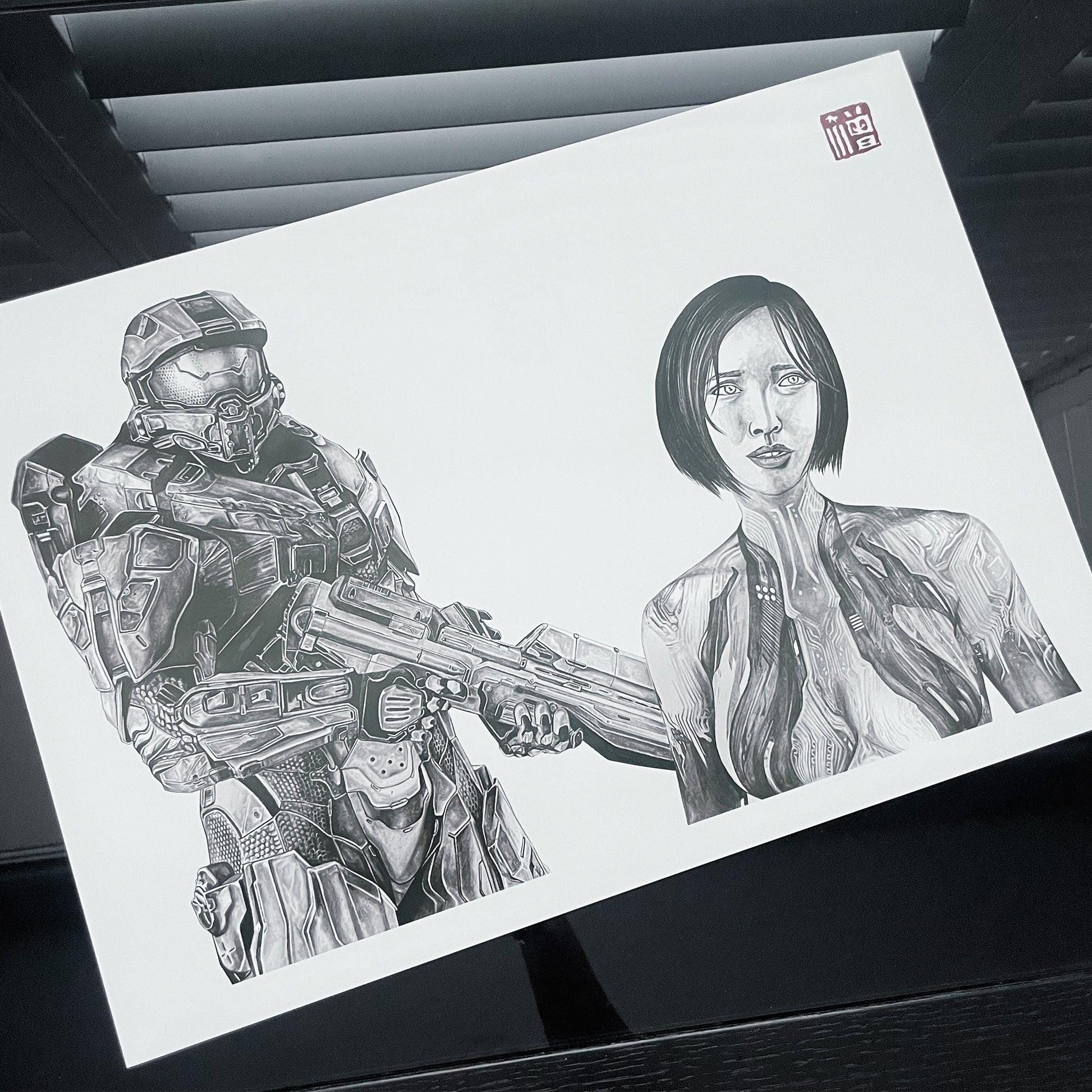 Master Chief and Cortana art print poster captures the iconic Master Chief armed with his assault rifle, and Cortana's speech: "Before this is all over, promise me you'll figure out which one of us is the machine."