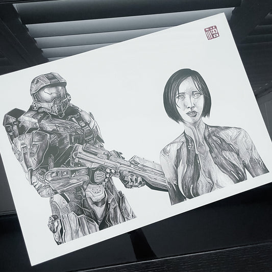 Master Chief and Cortana art print poster captures the iconic Master Chief armed with his assault rifle, and Cortana's speech: "Before this is all over, promise me you'll figure out which one of us is the machine."
