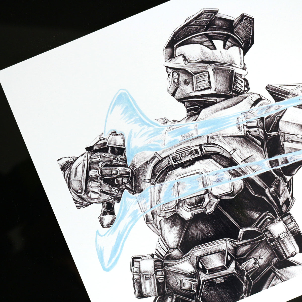 Close‑up of Master Chief gripping the Energy Sword with detailed Spartan armor linework.