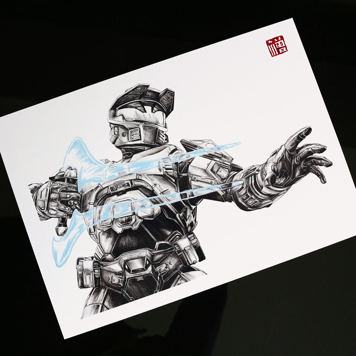 Master Chief holding an Energy Sword in a dynamic combat pose, Halo‑inspired art print.