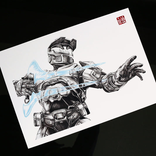 Master Chief holding an Energy Sword in a dynamic combat pose, Halo‑inspired art print.