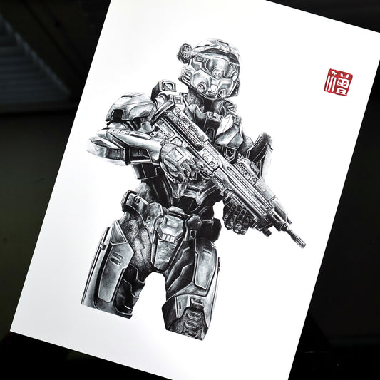 Hand‑drawn Halo Infinite art print of a Mark VII Spartan in a dynamic pose, showcasing its sleek armour design. A4 matte fan art poster for Halo collectors.