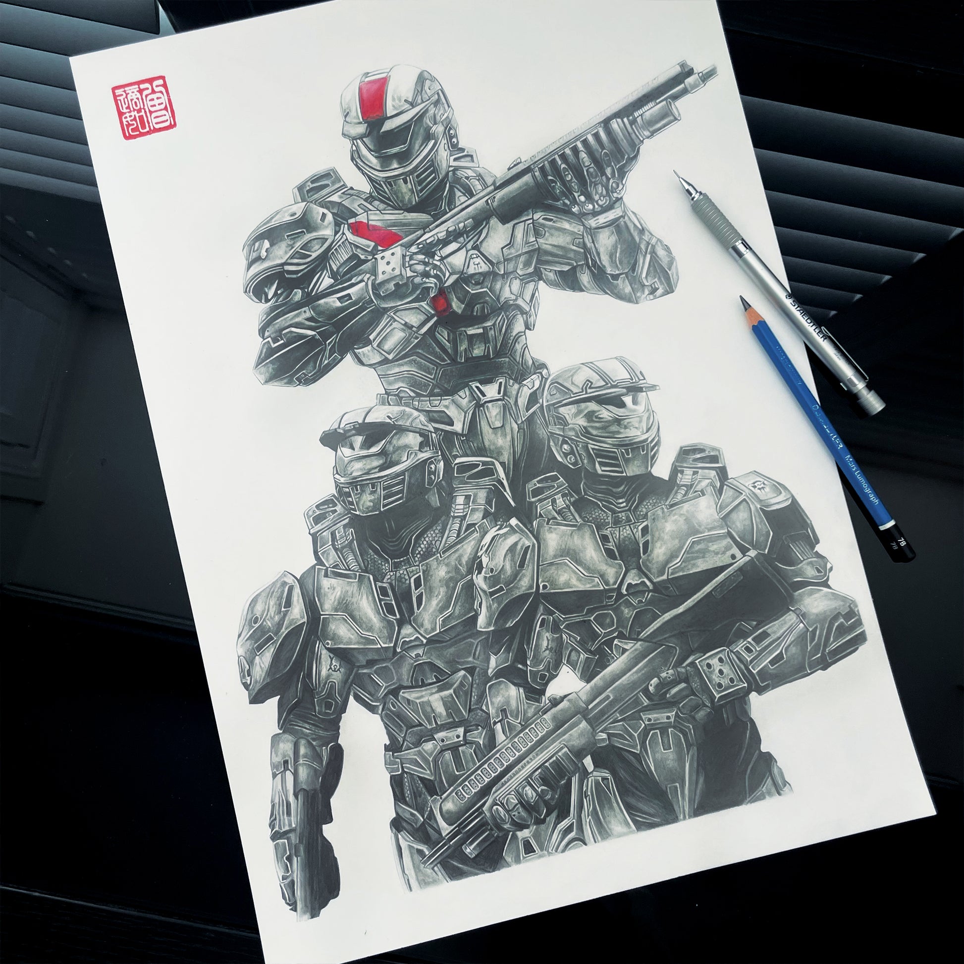 Original Spartan Fan Art Inspired by Halo Wars - Entransing's detailed drawing of Halo Red Team characters. High quality art print and poster available. 