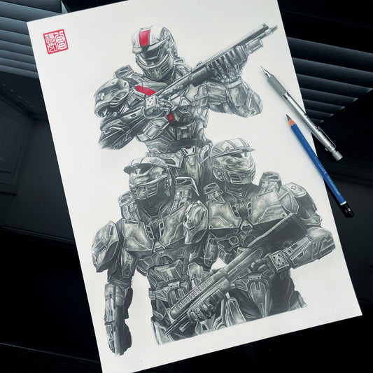 Original Spartan Fan Art Inspired by Halo Wars - Entransing's detailed drawing of Halo Red Team characters. High quality art print and poster available. 