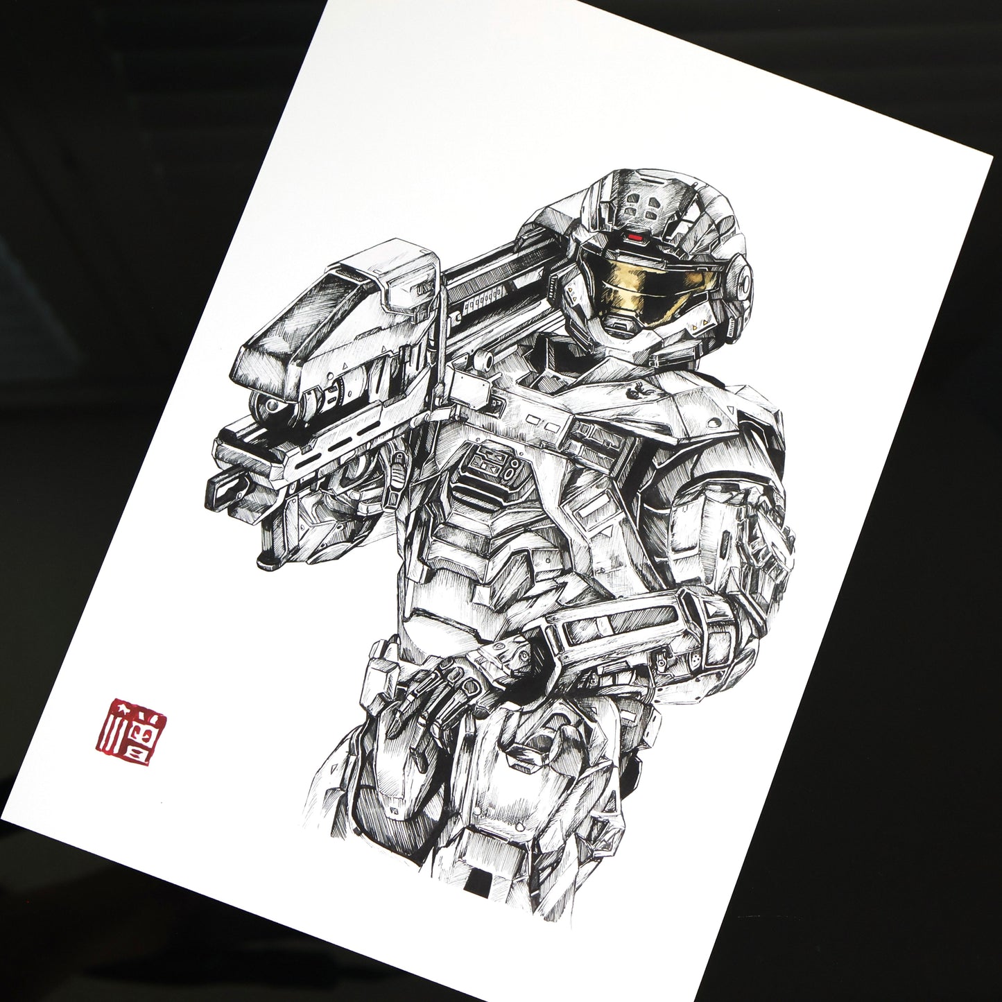 Hand‑drawn Halo art print of Noble Six, Spartan‑B312, wielding a Spartan Laser in a heroic combat pose. A4 matte fan art poster for Halo collectors.