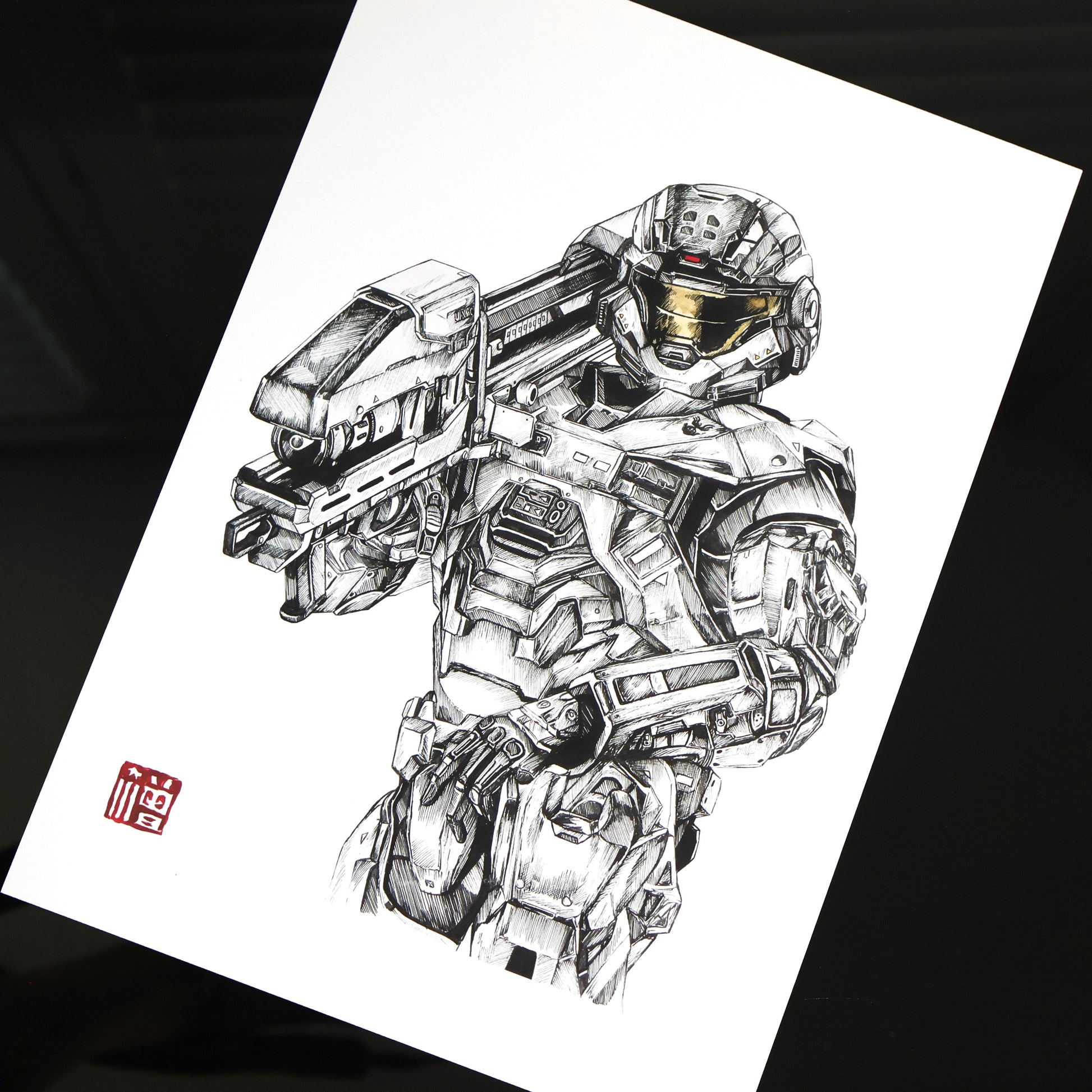Hand‑drawn Halo art print of Noble Six, Spartan‑B312, wielding a Spartan Laser in a heroic combat pose. A4 matte fan art poster for Halo collectors.