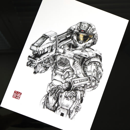 Hand‑drawn Halo art print of Noble Six, Spartan‑B312, wielding a Spartan Laser in a heroic combat pose. A4 matte fan art poster for Halo collectors.