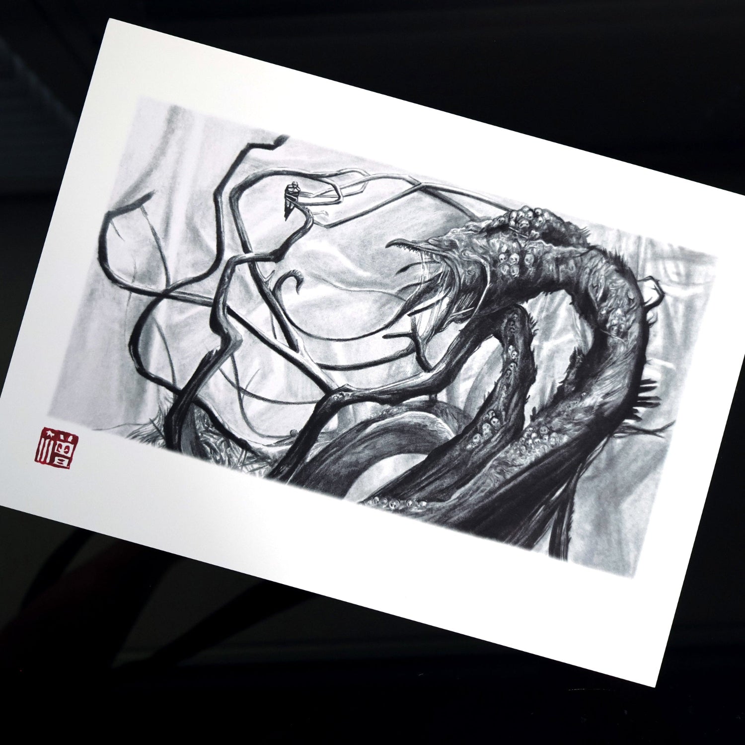 Hand‑drawn Halo art print of the Gravemind, depicting its massive tendrils and menacing presence during its confrontation with Master Chief. Dark, detailed sci‑fi fan art.