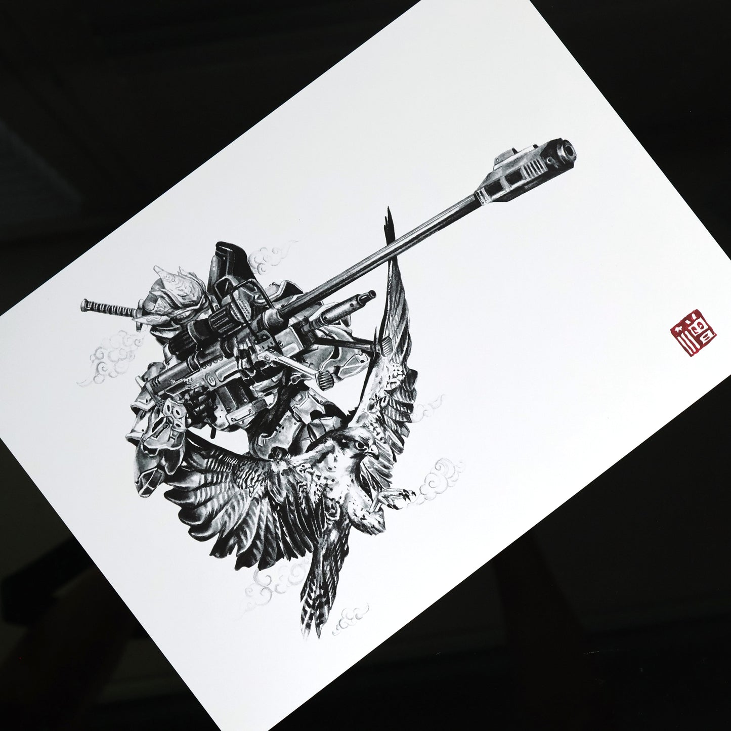 Hand‑drawn Halo art print of the HAYABUSA armour, featuring its iconic samurai‑inspired design.