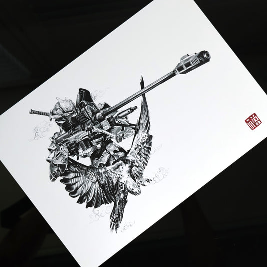 Hand‑drawn Halo art print of the HAYABUSA armour, featuring its iconic samurai‑inspired design.