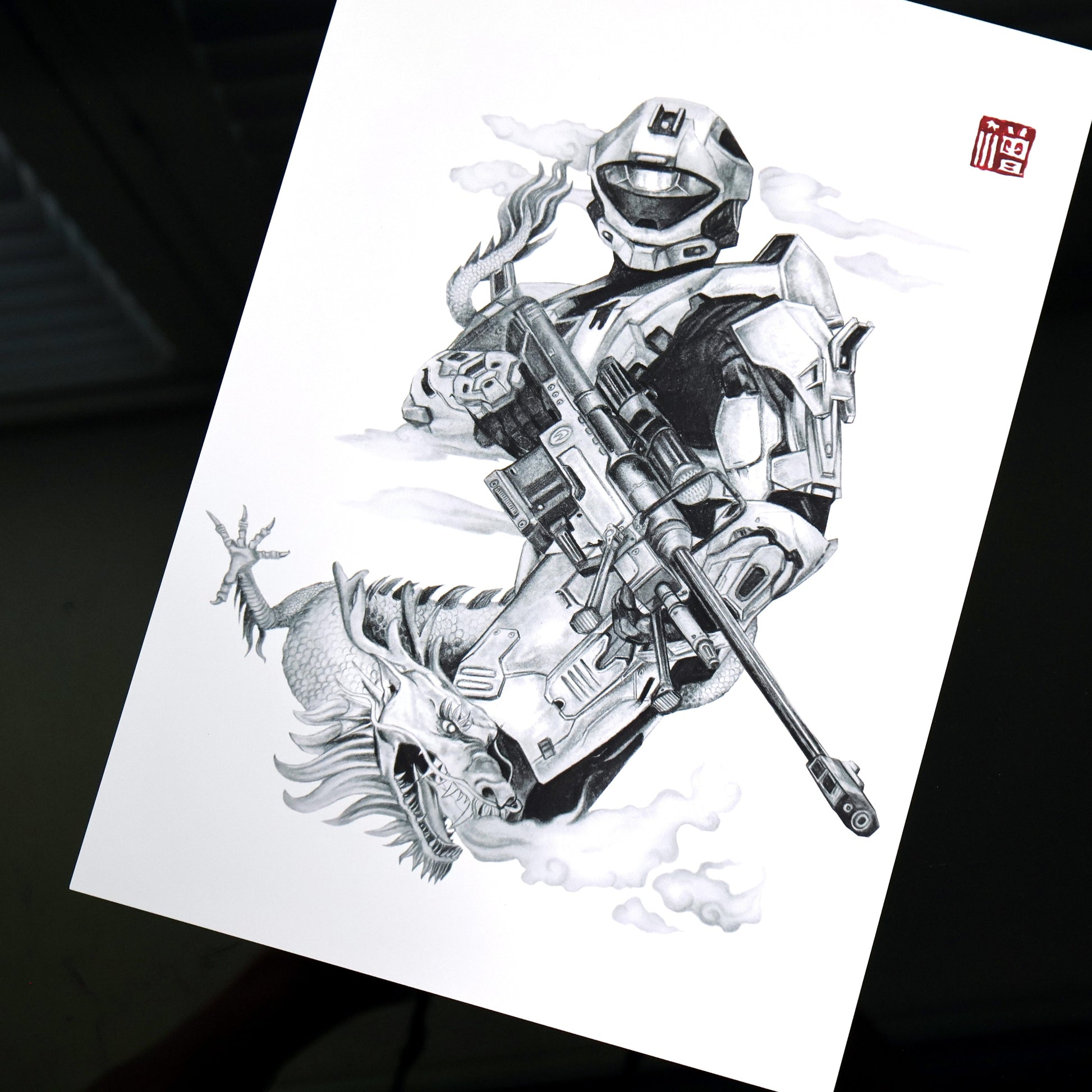 Hand‑drawn Halo art print of the RECON Spartan helmet from Halo 3, featuring its iconic silhouette and tactical design. A4 matte fan art poster for Halo collectors.