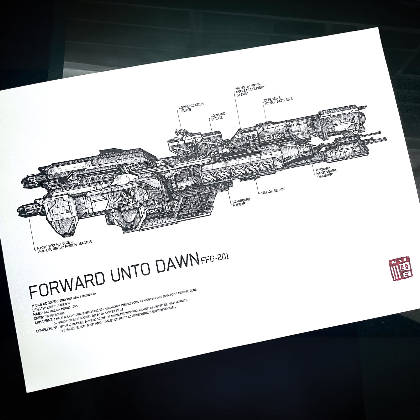 Halo’s iconic UNSC Forward Unto Dawn FFG-201 art print/poster with stunning blueprint-style diagram with detailed annotations.