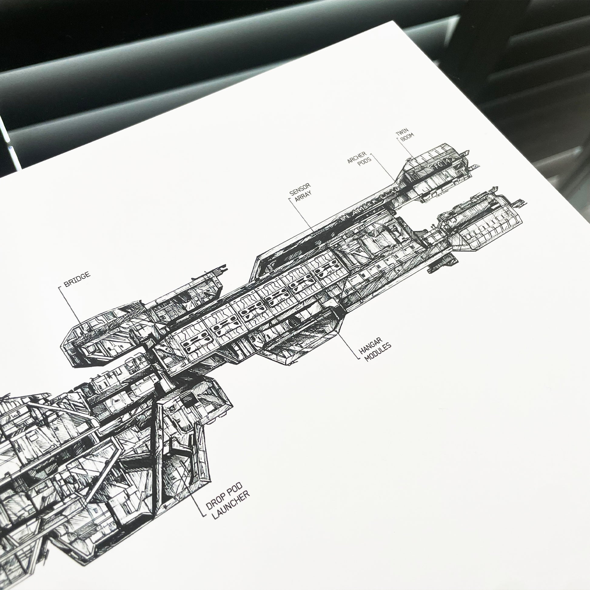 Halo UNSC, In Amber Clad art print/poster, diagrammatical blueprint-style drawing cross section closeup.