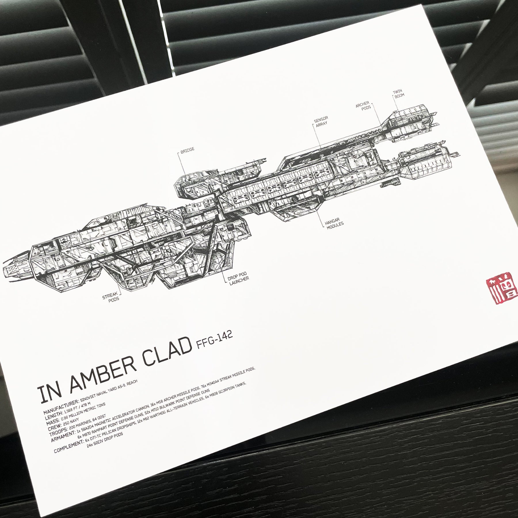 Halo UNSC Ship Diagram art print/poster, In Amber Clad FFG-142. Features a hand-drawn illustration of each ship's side profile, complemented by printed text annotations.