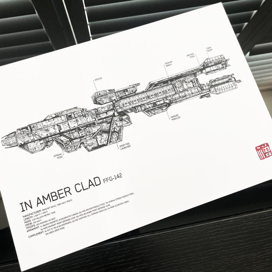 Halo UNSC Ship Diagram art print/poster, In Amber Clad FFG-142. Features a hand-drawn illustration of each ship's side profile, complemented by printed text annotations.