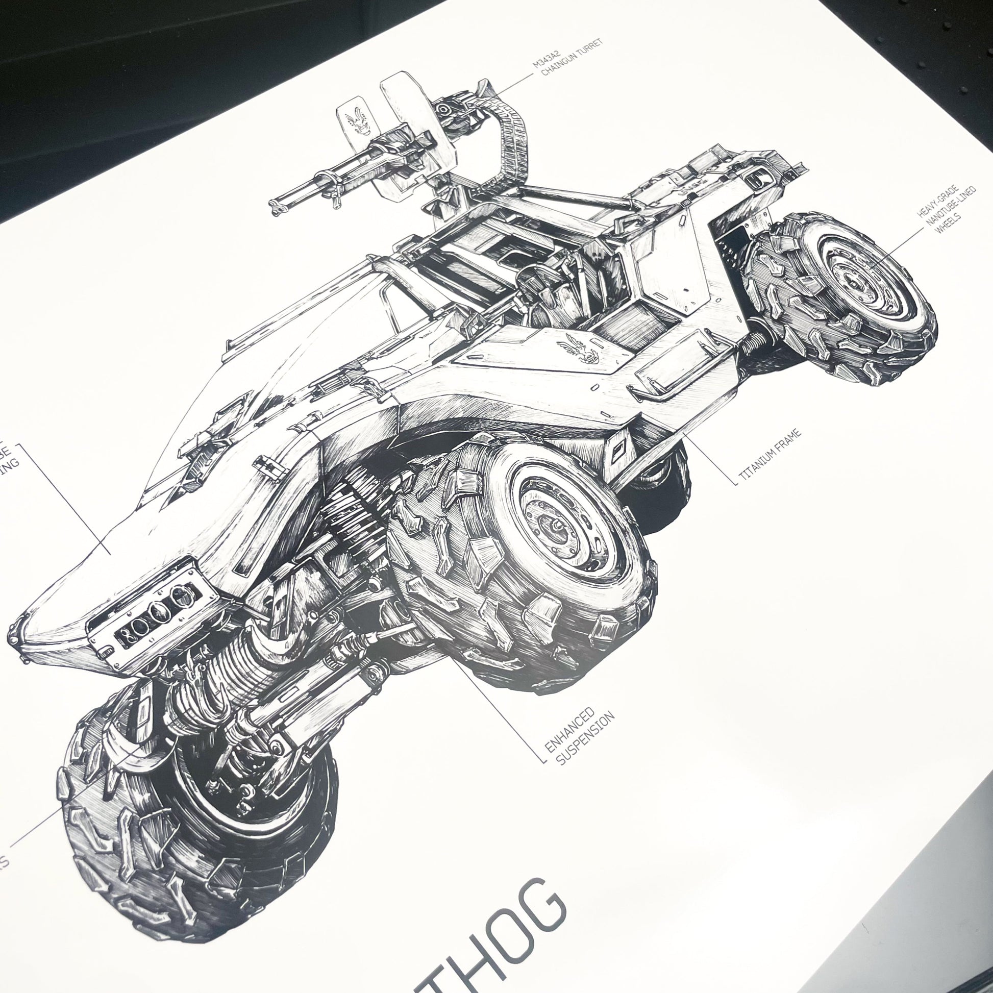 Closeup of hand-drawn Halo UNSC M12B Warthog vehicle diagram art print poster, blueprint-style with specifications and annotations